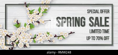 Spring card with blooming branch on wooden background. Stock Vector