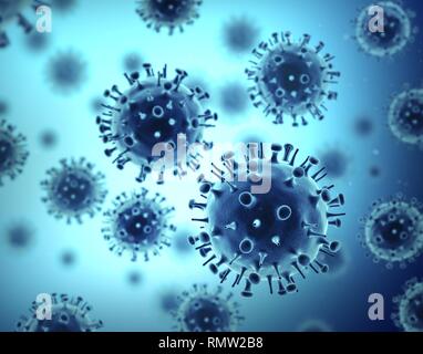 Virus isolated on blue background. H1N1. Stock Photo