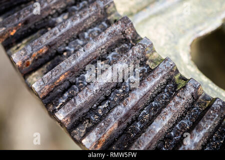 Close up view part of  industrial gear working in factory, selective soft focus. Stock Photo