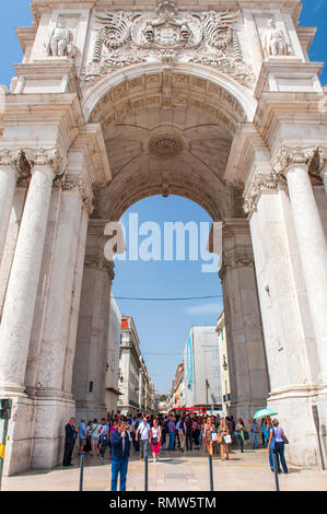 The 18th century Arco da Rua Augusta, a stone arch serving as the gateway to Lisbon. The arch was built by Verissimo da Costa in 1755 to commemorate t Stock Photo