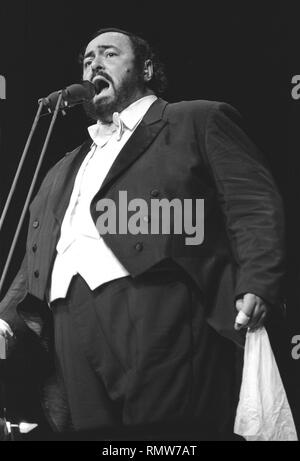 Italian operatic tenor Luciano Pavarotti is shown performing on stage during a 'live' concert appearance. Stock Photo