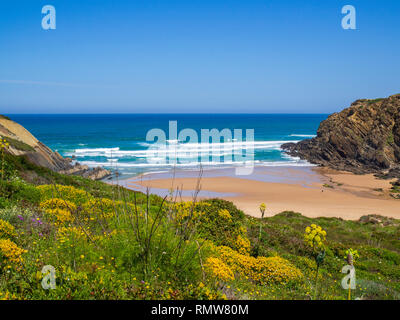 A beach between Zambujeira do Mar and Odeceixe along the Fishermen's Trail, a four day walk on the Rota Vicentina. The area is part of the Southwest A Stock Photo