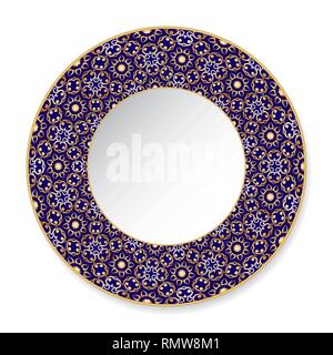 Gold pattern on blue background for plates, trays, dishes and souvenirs. Vector illustration. Stock Vector