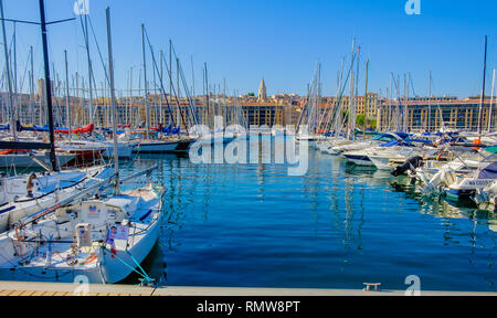 Marseilles, France, April 2018, sailing boats and yachts moored in” Le Vieux Port” Stock Photo