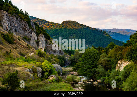 Temstica or Topli Do River on an old mountain ( Stara Planina ) in the vicinity of lake Zavoj, surrounded by dense vegetation and forest, Stock Photo
