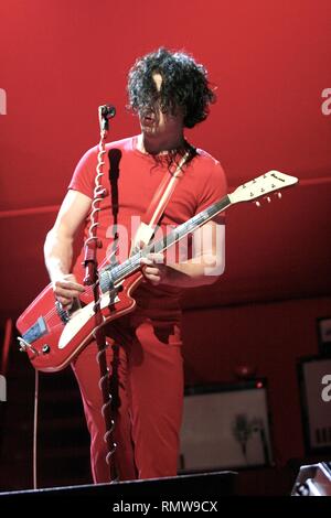 Singer, songwriter and guitarist Jack White of the rock band The White Stripes is shown performing on stage during a 'live' concert appearance. Stock Photo