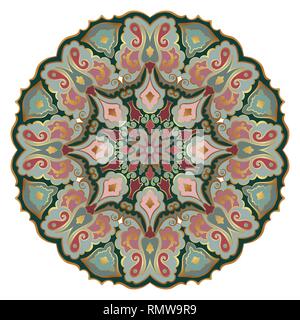 Ornate, eastern mandala with golden contour. Vector round colorful ornament in bright tones isolated on a white background. Stock Vector