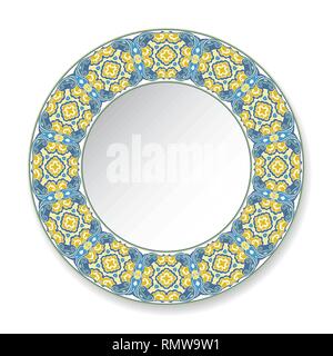 Decorative plate with patterned border, on white background, top view. Vector illustration. Stock Vector