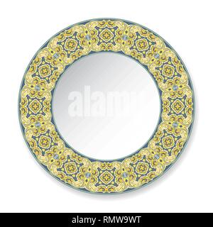 Decorative plate with patterned border, on white background, top view. Vector illustration. Stock Vector