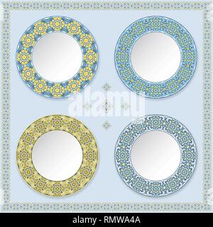 Set of four decorative plates with color pattern. Blue background with ornament on the edge. Vector illustration. Stock Vector