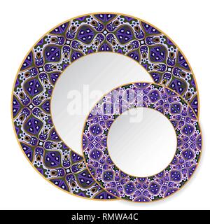 Two blue circular ornaments with gold contour to dishes, plates and souvenirs. Vector illustration. Stock Vector