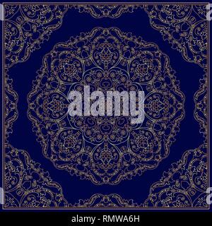 Ornament for scarf with gold pattern on blue background. You can use for carpet, shawl, pillow, cushion. Vector illustration. Stock Vector