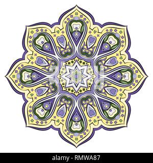 Ornate, eastern mandala with black contour. Vector, round, colorful ornament in lilac and yellow tones isolated on a white background. Stock Vector