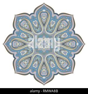 Ornate, eastern mandala with golden contour. Vector, round, colorful ornament in blue tones isolated on a white background. Stock Vector