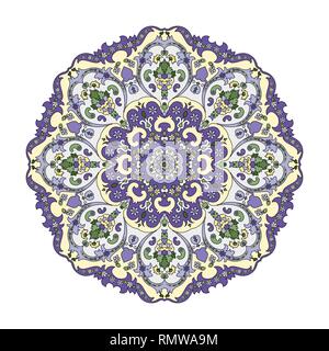 Ornate, eastern mandala with black contour. Vector, round, colorful ornament in lilac and yellow tones isolated on a white background. Stock Vector