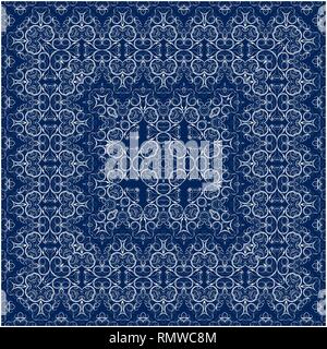Square white pattern on a blue background. Decorative ornament to the handkerchief. Vector illustration. Stock Vector