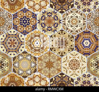 Bright seamless pattern tiles. Colorful vector set of hexagonal elements for design of wallpaper, fabric or wrapping paper. Stock Vector