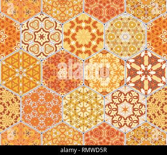 Bright orange seamless pattern tiles. Colorful vector set of hexagonal elements for design of wallpaper, fabric or wrapping paper. Stock Vector