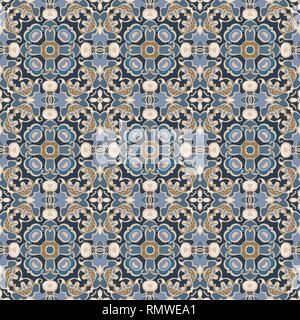 Abstract geometric background. Seamless vector pattern in blue and brown colors. Ethnic boho style. Mosaic ornament structure. Carpet fragment. Stock Vector