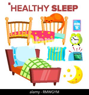 Healthy Sleep Vector. Pillow, Sofa, Alarm Clock, Moon. Isolated Flat Cartoon Illustration Stock Vector