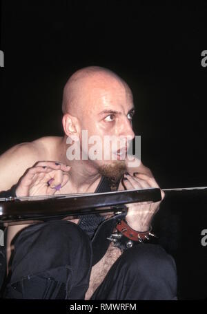 Bassist Shavarsh 'Shavo' Odadjian of the hard rock band System of a Down is shown performing on stage during 'live' concert appearance. Stock Photo