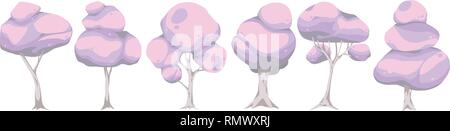 Vector illustration collection of different cute fluffy pink candycotton trees in cartoon style Stock Vector