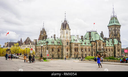 Ottawa, Canada - May 14, 2017. Parliament Buildings in Ottawa, Canada. The buildings designed in a Gothic Revival style, and opened on June 1866. Stock Photo