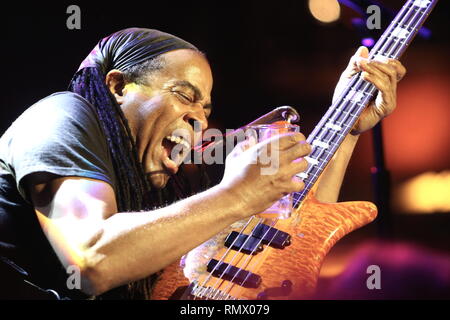 Bassist Doug Wimbish is shown performing on stage during a 'live' concert appearance with Living Colour. Stock Photo