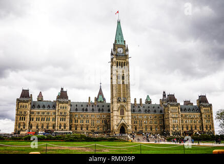 Ottawa, Canada - May 14, 2017. Parliament Buildings in Ottawa, Canada. The buildings designed in a Gothic Revival style, and opened on June 1866. Stock Photo