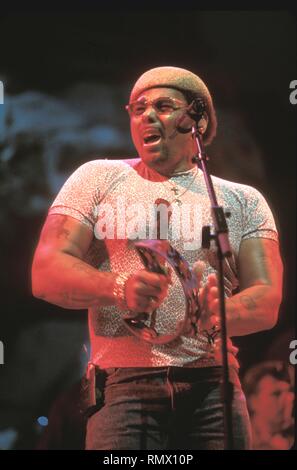 Aaron Neviile of the Neville Brothers is shown performing on stage during a 'live' concert appearance. Stock Photo