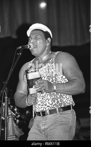 Singer Aaron Neviile of the Neville Brothers is shown performing on stage during a 'live' concert appearance. Stock Photo