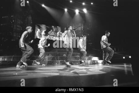 The pop group N'Sync is shown performing on stage during a 'live' concert appearance. Stock Photo