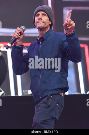 Rapper and founding member of the Beastie Boys, Michael Diamond, better known as Mike D is shown performing on stage during a 'live' concert appearance. Stock Photo