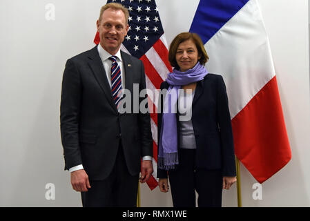 U.S. Acting Secretary of Defense Patrick M. Shanahan meets with the minister of the Armed Forces for France, Florence Parly, during the defense ministerial at NATO headquarters, Brussels, Belgium, Feb. 14, 2019. (DoD photo by Lisa Ferdinando) Stock Photo