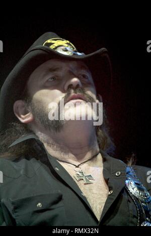 Bassist, singer and songwriter Lemmy Kilmister of the hard rock band Motšrhead is shown performing on stage during a 'live' concert appearance. Stock Photo