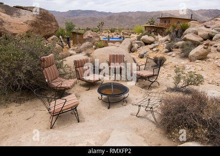 Outdoor seating area and fire pit in Twentynine Palms, California. Stock Photo