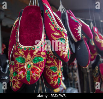 Red traditional Nepalese sandals for sale at a local outlet in Bhaktapur, Nepal. Stock Photo