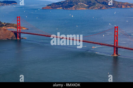 Aerial view of the Golden Gate Bridge and yachts on the bay, flying over San Francisco, USA Stock Photo