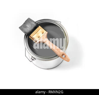 Grey paint tin can with brush on top on a white background with grey strokes Stock Photo