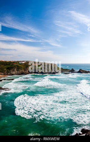 A view over the coast at Zambujeira do Mar, a small resort town on the Alentejo coastline, Portugal. Stock Photo