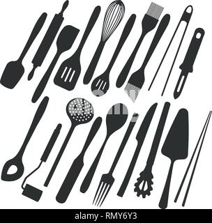 Vector illustration collection of simple icons of different kitchen utensils Stock Vector