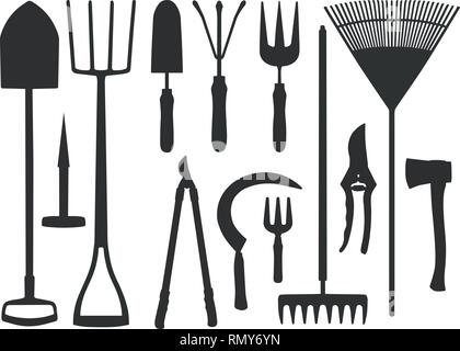 Icon vector set of different gardening tools like shovel, trovel, rake, scythe or dung fork Stock Vector