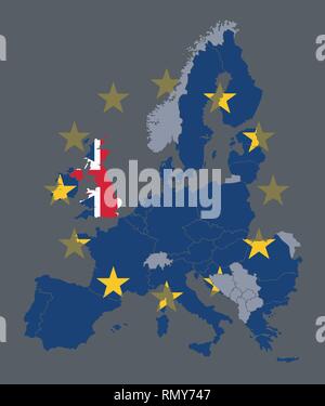 Vector map of EU member states with European Union flag and the UK singled out with United Kingdom flag during Brexit process Stock Vector