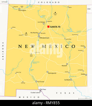 New Mexico, political map, with capital Santa Fe, borders, important cities, rivers and lakes. State in the Southwestern region of United States. Stock Photo