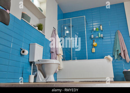 modern bathroom with white toilet bowl and blue tile. floor view.