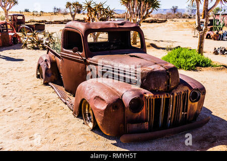 KARAS REGION, NAMIBIA - JULY 26, 2018: abandoned car in the Namibian desert. at summer Stock Photo