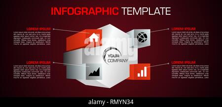 Modern colorful infographics options template vector hexagon and square in red color. Can be used for web design, brochure, presentations and workflow Stock Vector