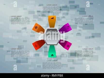 Modern colorful infographics options template vector with hexagon and rectangle on background. Stock Vector
