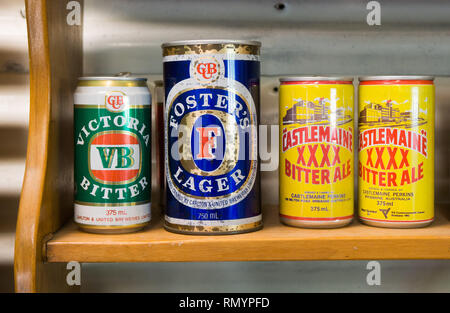 Old Australian Beer cans on a shelf Stock Photo