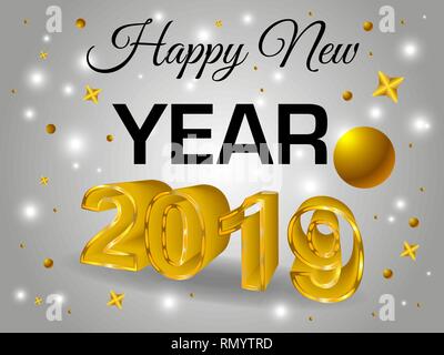 Happy new year colorful 3D text 2019 vector template with ball stars on grey background Stock Vector